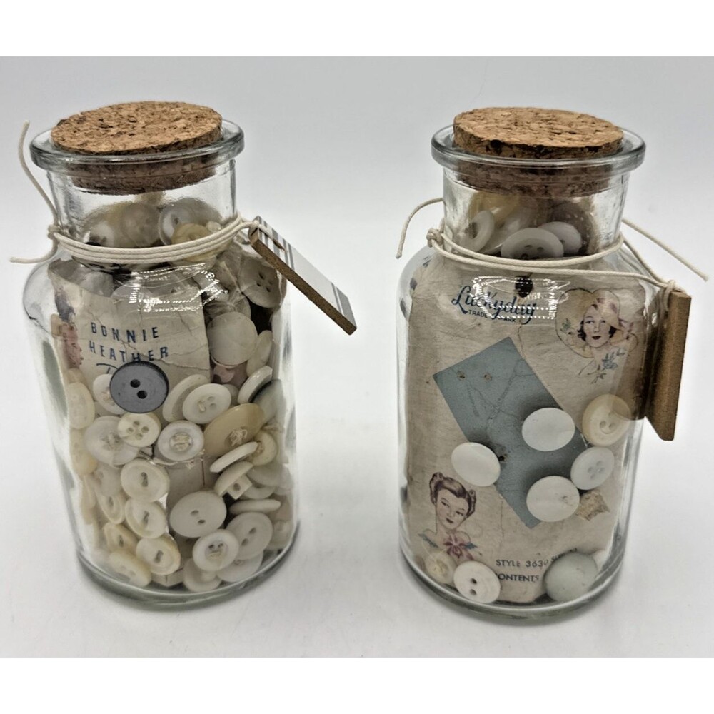 Vintage Buttons In Glass Bottles W/Cork s 5” Tall Various Buttons